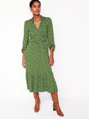NWOT Boden Rosamund Jersey Midi Tea Dress 10 Green Polka Dot Cottagecore Tiered